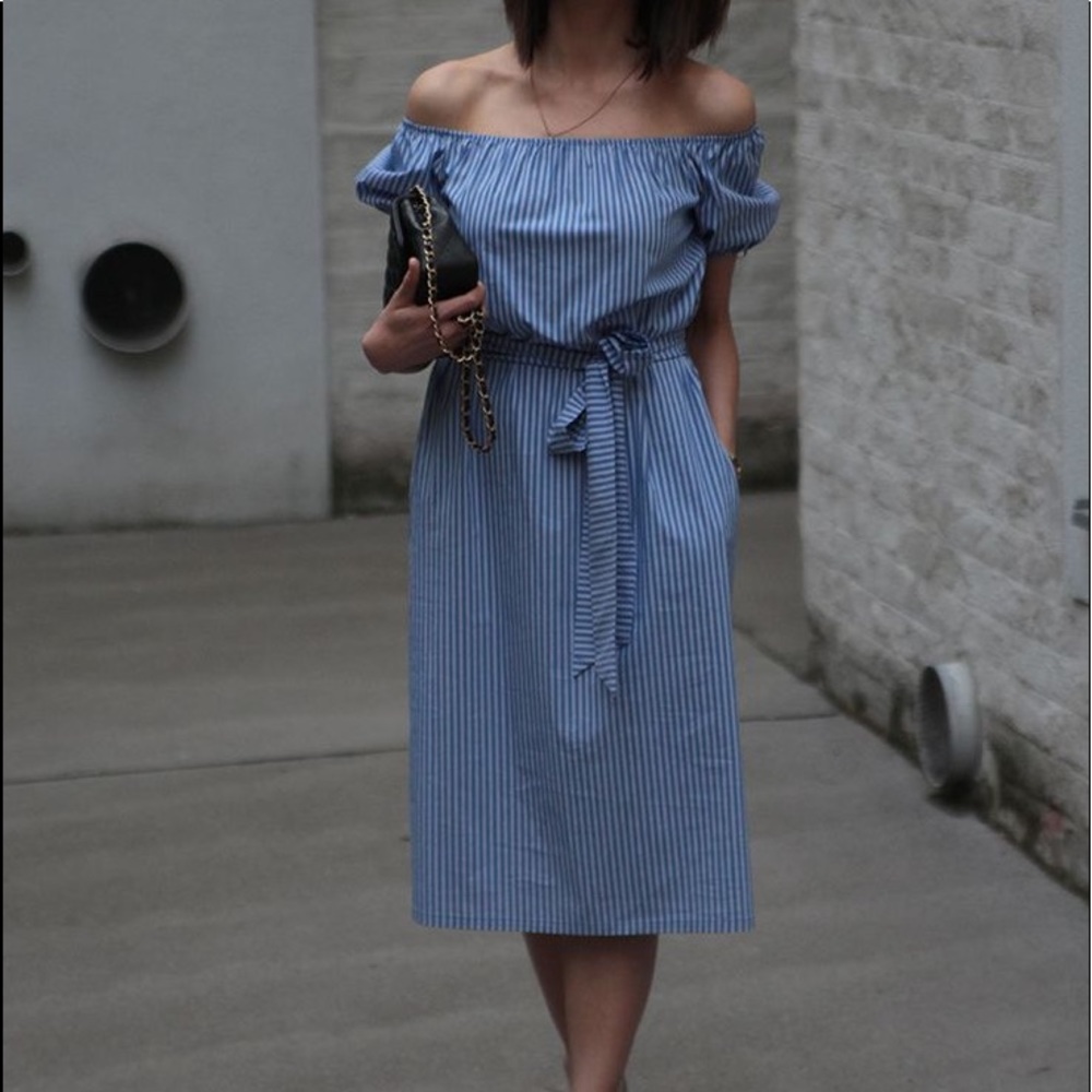 zara off the shoulders baby blue & white dress